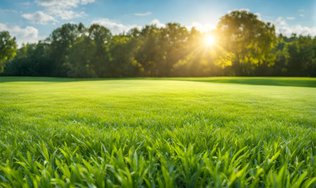 Expansive lawn edged with vibrant green trim leading to a blank area providing copy spaceの素材