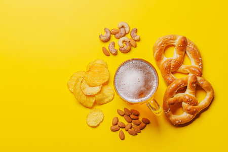 Assorted Beer Stands: chips, nuts, pretzels. Diverse Options for Refreshment flat lay with copy spaceの写真素材