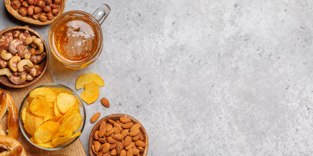 Assorted Beer Stands: chips, nuts, pretzels. Diverse Options for Refreshment flat lay with copy spaceの写真素材