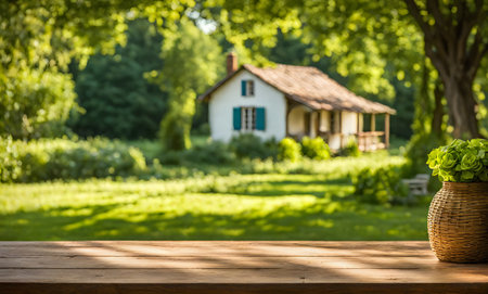 An empty wooden table in the foreground, with a blurred country house in the background against a verdant garden setting, captured during late afternoonの素材