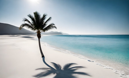 Tranquil Azure Ocean Beach Scene with Single Palm and White Sandの素材