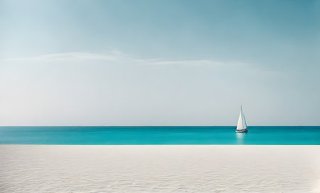 A single sailboat on a calm azure ocean with clear blue skyの素材