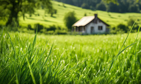 Green grass in a wide meadow, country house in the background, artistically blurred, sharp focus on foregroundの素材