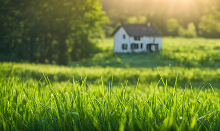 Green grass in a wide meadow, country house in the background, artistically blurred, sharp focus on foregroundの素材