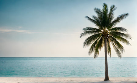 Tranquil Azure Ocean Beach Scene with Single Palm and White Sandの素材