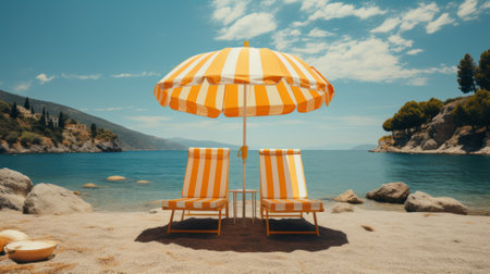 Italian Style Sea Beach with Deck Chair and Sun Umbrellaの素材