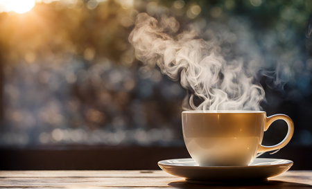 Morning coffee in rustic setting, steam risingの素材