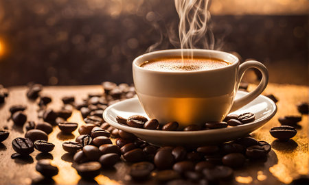 Morning coffee in rustic setting, steam risingの素材