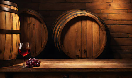 Rustic wooden table with wine glass, surrounded by stacked oak barrelsの素材