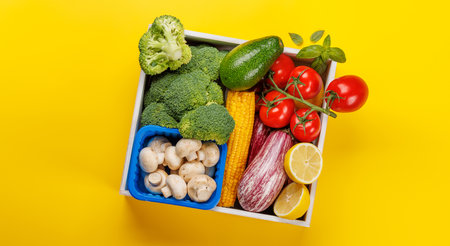 Variety of vegetables. Flat lay over yellow backgroundの写真素材