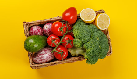 Variety of vegetables. Flat lay over yellow background with copy spaceの写真素材