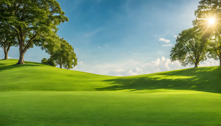 Wide lawn trimmed with precision under a blue sunny sky, copy space for textの素材