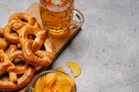 Assorted Beer Stands: chips, nuts, pretzels. Diverse Options for Refreshment with copy space