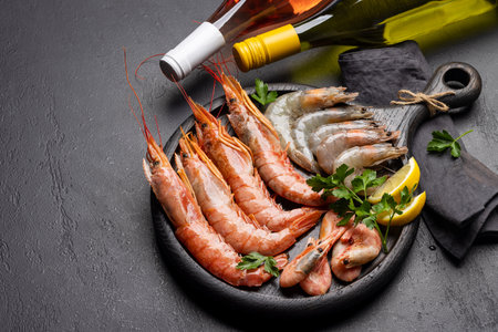 A top view of fresh seafood such as shrimp, langoustines, and trout steaks, accompanied by white and rose wine. With copy spaceの写真素材