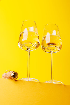 Champagne elegance: Glasses with sparkling wine against a vibrant yellow background. With copy spaceの写真素材