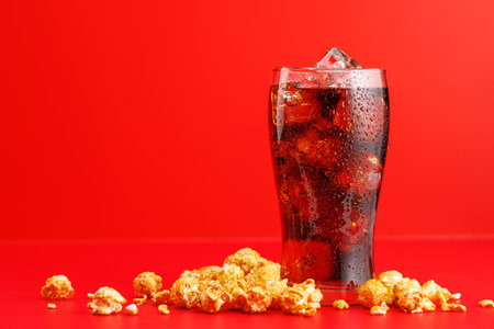 Cola with ice and popcorn over red background, with copy spaceの写真素材