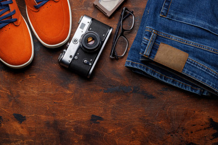 Men's Clothing on wooden Background: Jeans, Sneakers, Eyeglasses, Flat Lay with Copy Spaceの写真素材