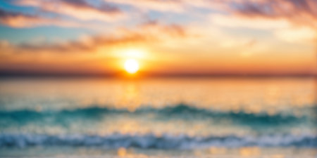 Blurred sunset sea landscape with sunsetの写真素材