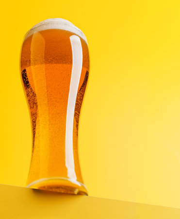Beer bliss: Refreshing brew against a vibrant yellow backdrop with copy spaceの写真素材