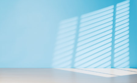 Wooden table and sunlit wall, product mockup background templateの写真素材