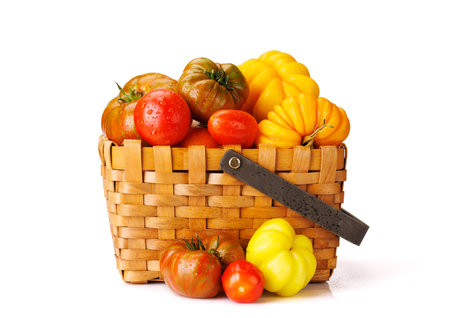 Assorted tomatoes in rustic crate. Isolated on white backgroundの写真素材
