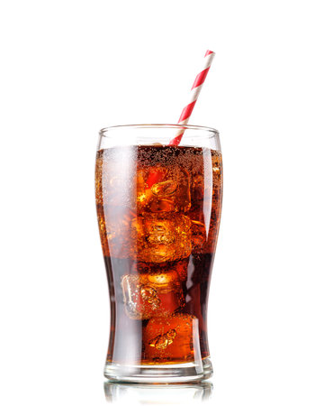 Cola with ice in glass isolated on white backgroundの写真素材