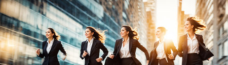 Businesswomen in crisp attire captured mid-stride with a speed motion blur effect, highlighting movement amidst vibrant urban sceneryの素材