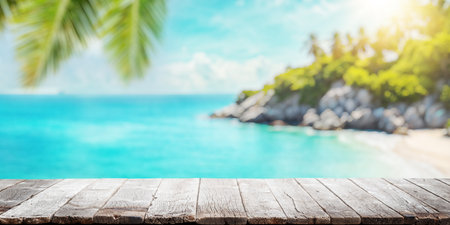 Empty wooden table or pier with sunny beach and sea on background. With copy space for your productの写真素材