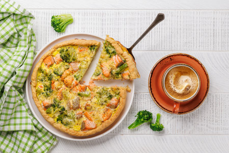 Fresh fish homemade pie with salmon and broccoli. Flat layの写真素材