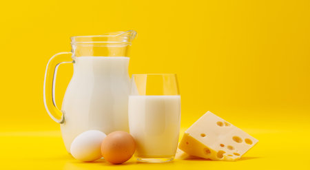 Pitcher of Milk with Eggs on yellow background with copy spaceの写真素材