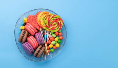 Various colorful candies, lollipops, and macaroons. Flat lay sweets over blue background with copy spaceの写真素材