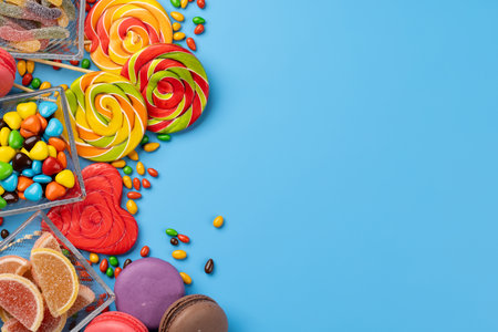 Various colorful candies, lollipops, and macaroons. Flat lay sweets over blue background with copy spaceの写真素材