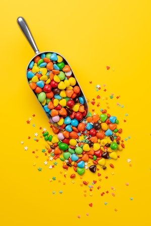 Various colorful candies in scoop. Flat lay over yellow backgroundの写真素材