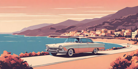 1980s car cruising along Italian coastline: minimalist summer scene, cartoon style, accentuatedの素材