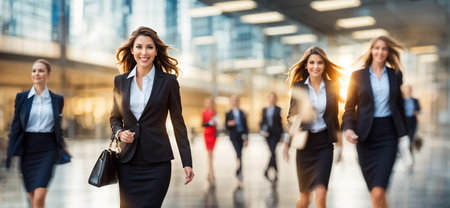 Businesswomen in crisp attire captured mid-stride with a speed motion blur effect, highlighting movement amidst vibrant urban sceneryの素材