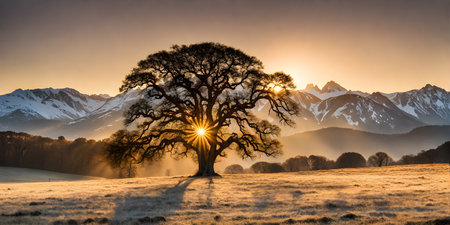 Landscape embracing sunny minimalism, vast open fields stretching towards a horizon kissed by the sunの素材