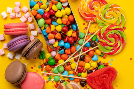 Various colorful candies, lollipops, and macaroons. Flat lay over yellow backgroundの写真素材