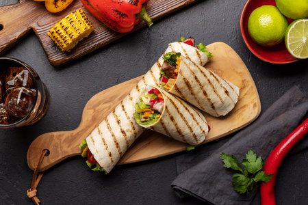 Mexican food featuring burritos with meat and grilled vegetablesの写真素材