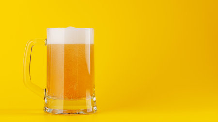 Beer mug. Over yellow background with copy spaceの写真素材