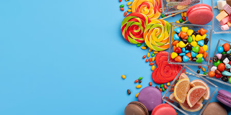 Various colorful candies, lollipops, and macaroons. Flat lay sweets over blue background with copy spaceの写真素材