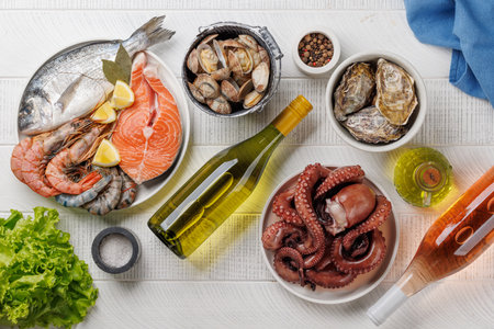 Seafood Platter Delight: Shrimps, Salmon, Oysters Galore and wine bottlesの写真素材