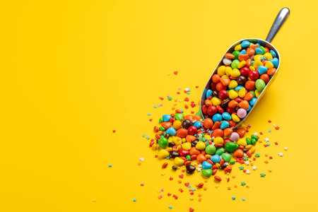 Various colorful candies, lollipops. Flat lay over yellow background with copy spaceの写真素材