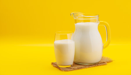 Fresh Milk in Pitcher and Glass on yellow background with copy spaceの写真素材