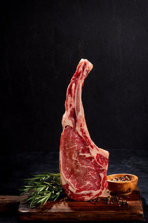 Raw Tomahawk beef steak and spices. Ready for grillingの写真素材