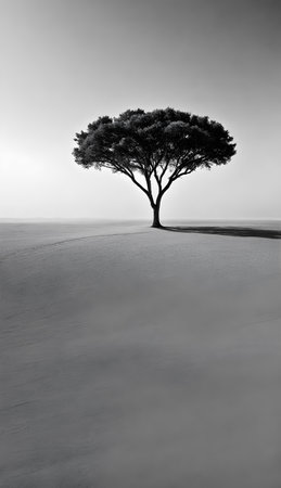 Bright sunlight over serene landscape, minimalistic scenery with single tree on horizon. Vertical framingの素材