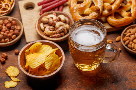 Assorted Beer Stands: chips, nuts, pretzels. Diverse Options for Refreshmentの写真素材