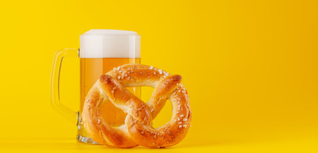 Beer and pretzel. Over yellow background with copy spaceの写真素材