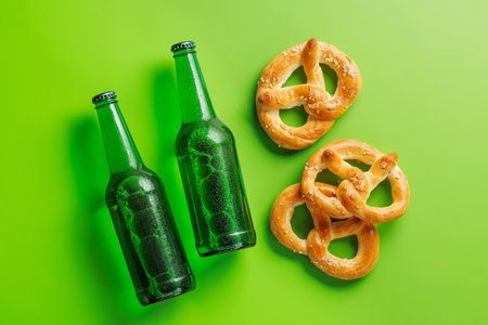 Beer bottles and pretzels on green background. Flat lay with copy spaceの写真素材