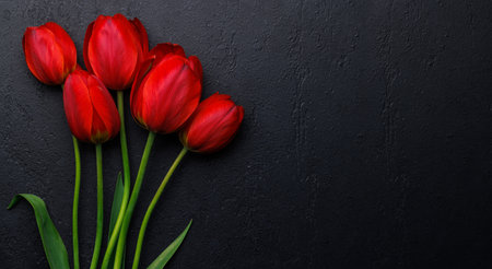 Red tulips grace the table, providing a serene and vibrant backdrop, perfect for spring celebrations or simple joysの写真素材