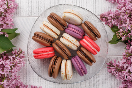 Colorful macaroons, arranged in a delightful display of vibrant hues and irresistible sweetnessの写真素材